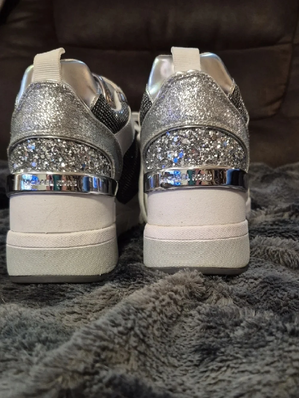 Michael Kors White and Silver Glitter Platform Lace-Up Sneakers